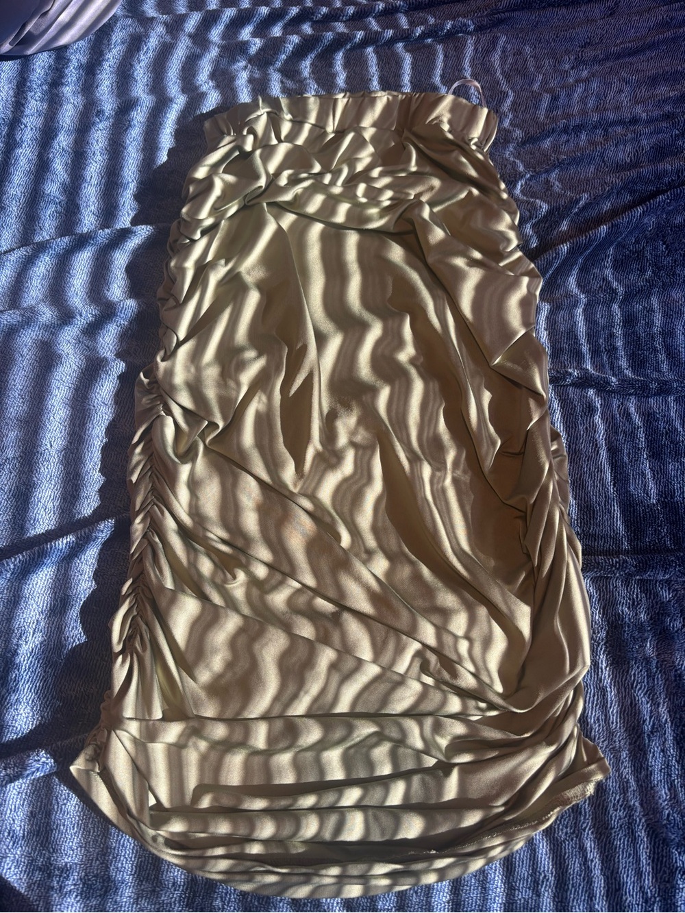 Sculpted Ruched Satin Midi Skirt in Light Olive